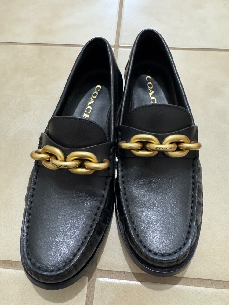 COACH Jess Black Leather Giant Gold Chain Loafers Slip On Dress Shoes Women 5.5