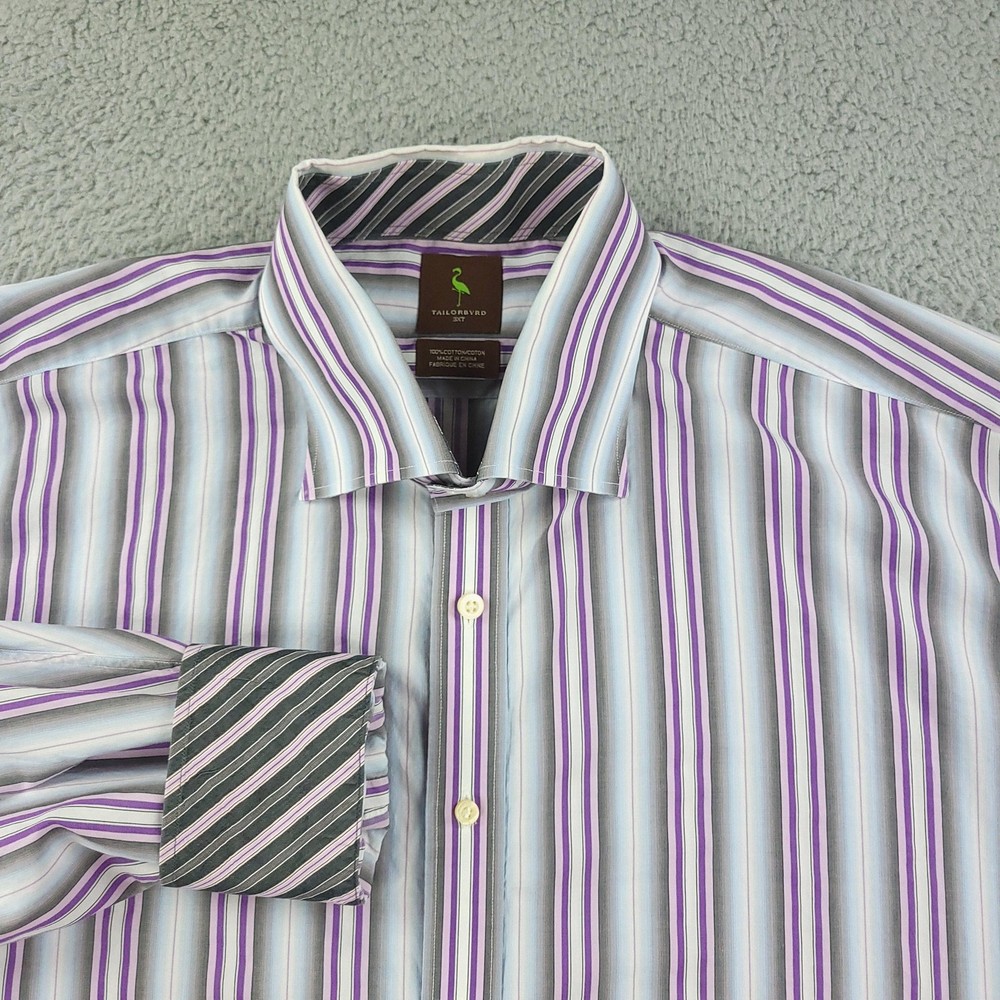 Tailorbyrd Dress Shirt Mens 3XLT Purple Stripe Cotton Long Sleeve Contrast Cuff