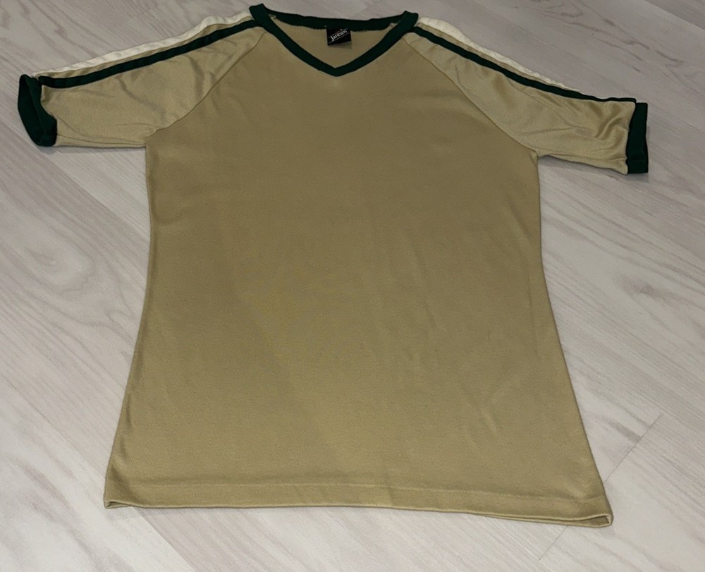 Vintage 70s Jantzen Single Stitch Ringer Tee Size L Emerald Khaki USA Made