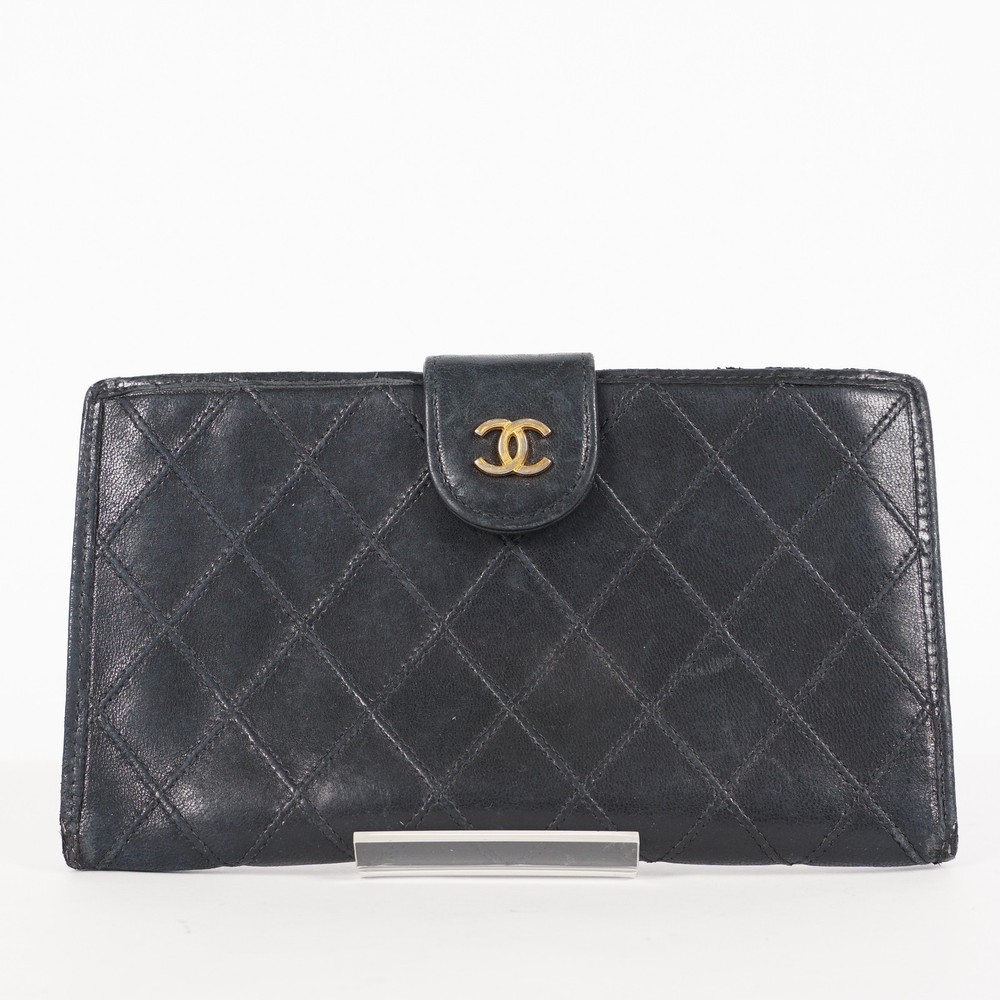 CHANEL Bicolore Quilted CC Logo Lambskin Long Bifold Wallet in Black
