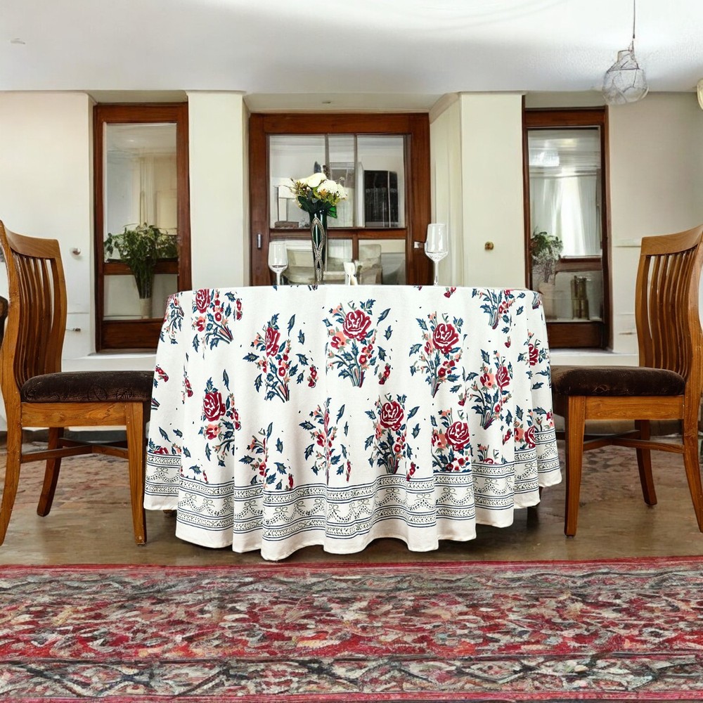 Handblock Printed Round Cotton Tablecloth For Dinning, Home Decor Table Linens