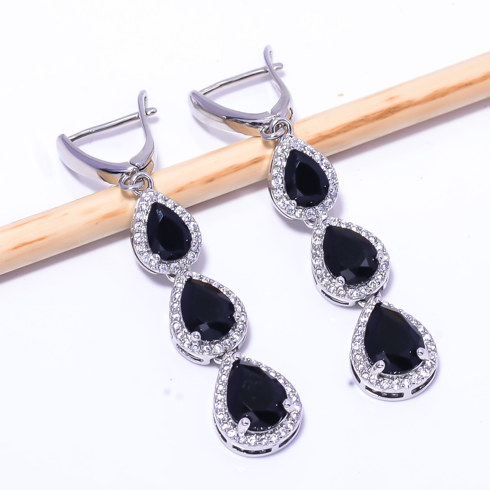 Black Onyx & Cubic Zirconia Gemstone 925 Sterling Silver Earring 2.11