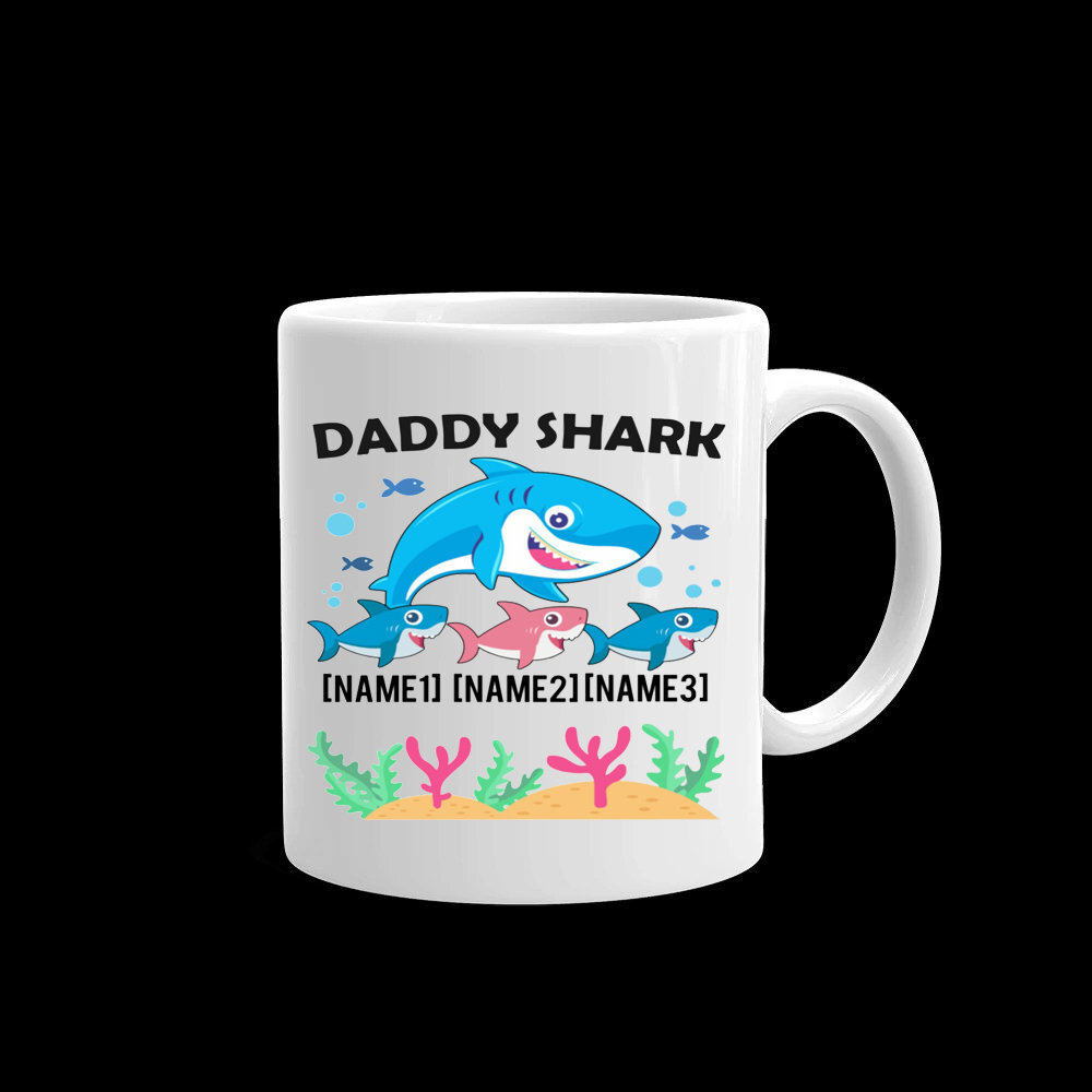 Personalized Daddy Shark With 3 Kids Ceramic Coffee Mug – Dad Shark Gifts Mug