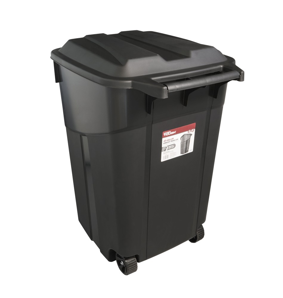 45 Gallon Wheeled Heavy Duty Plastic Garbage Can,Attached Lid, Black