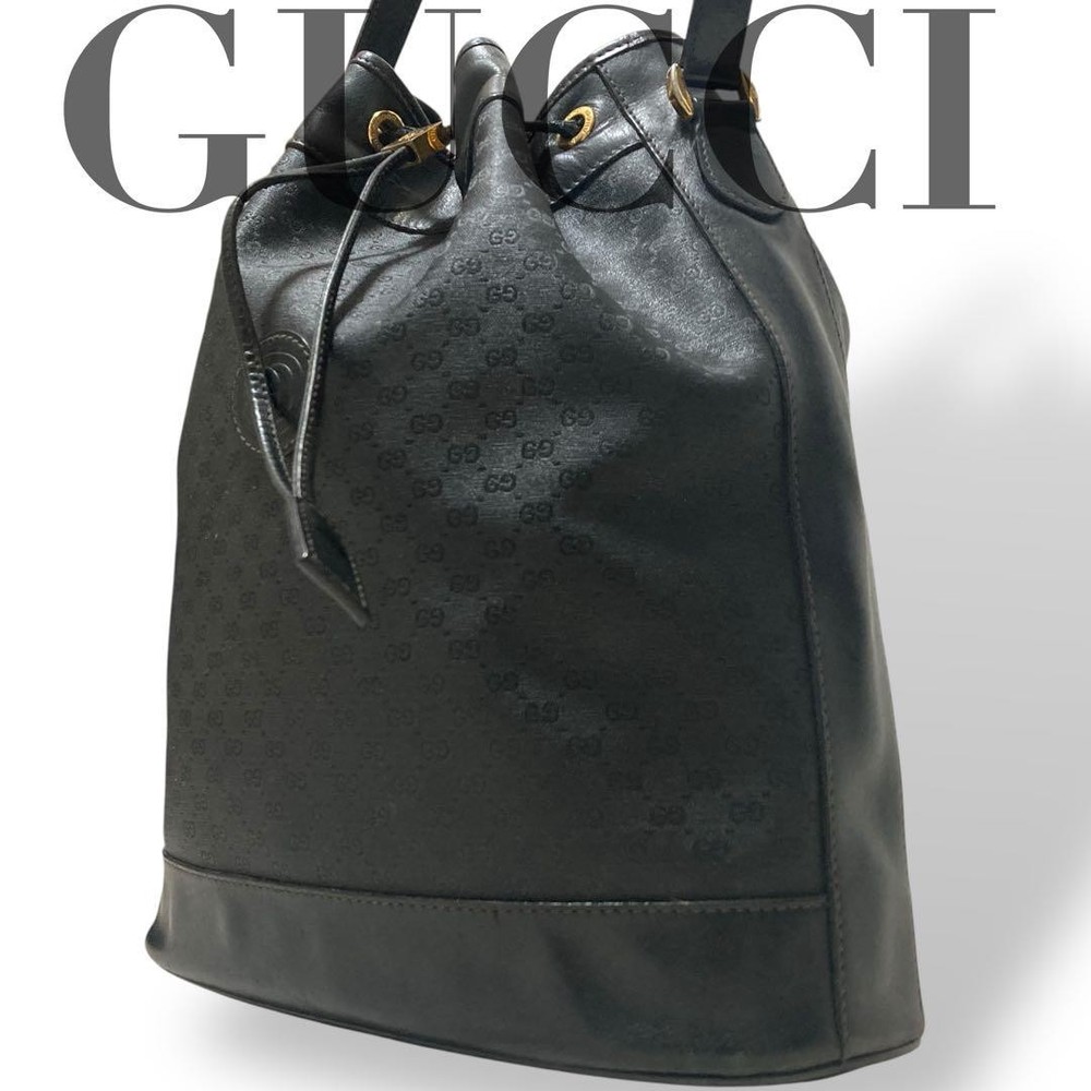 Vintage Gucci GG Monogram Black PVC Leather Drawstring Shoulder Bag
