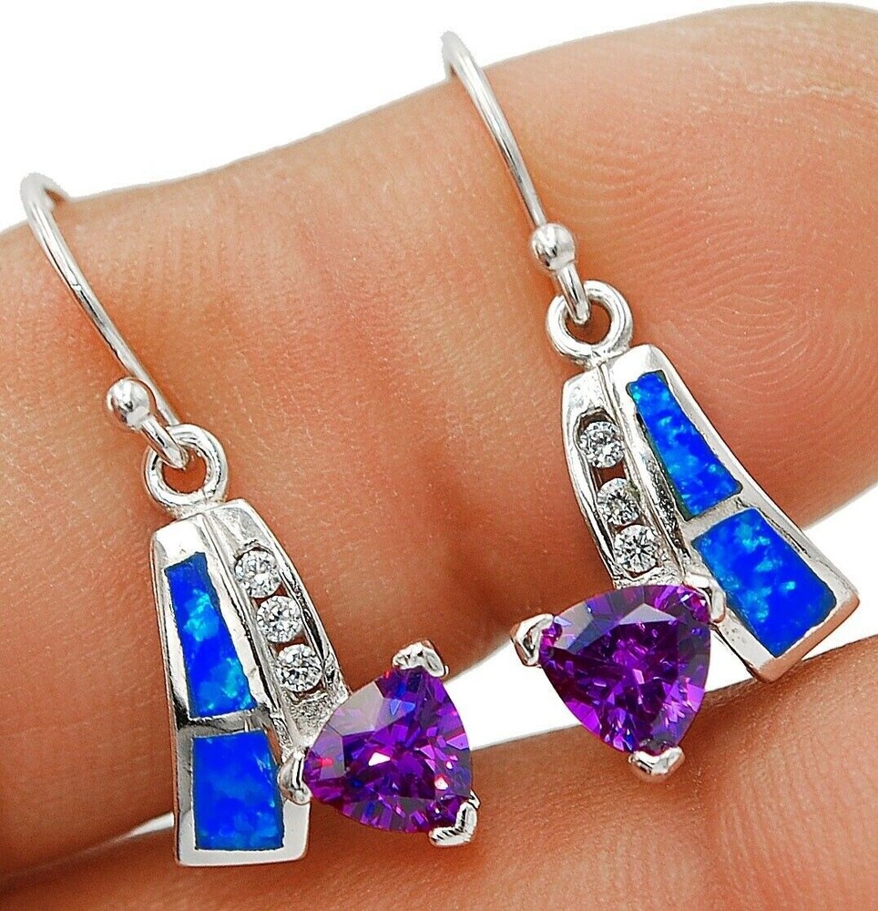 2CT Amethyst & Australian Opal Inlay Sterling Silver Earrings EO4 Jewelry