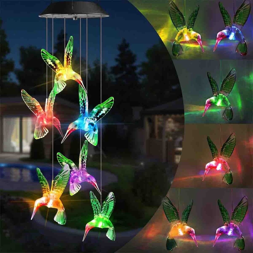 Solar Wind Chimes Lights LED Color Changing Hanging Hummingbird Ball Garden Lamp
