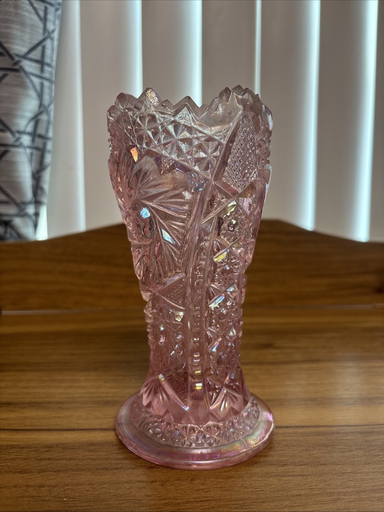 Vintage L.E. Smith Pink Iridescent Carnival Glass Vase - Marked 