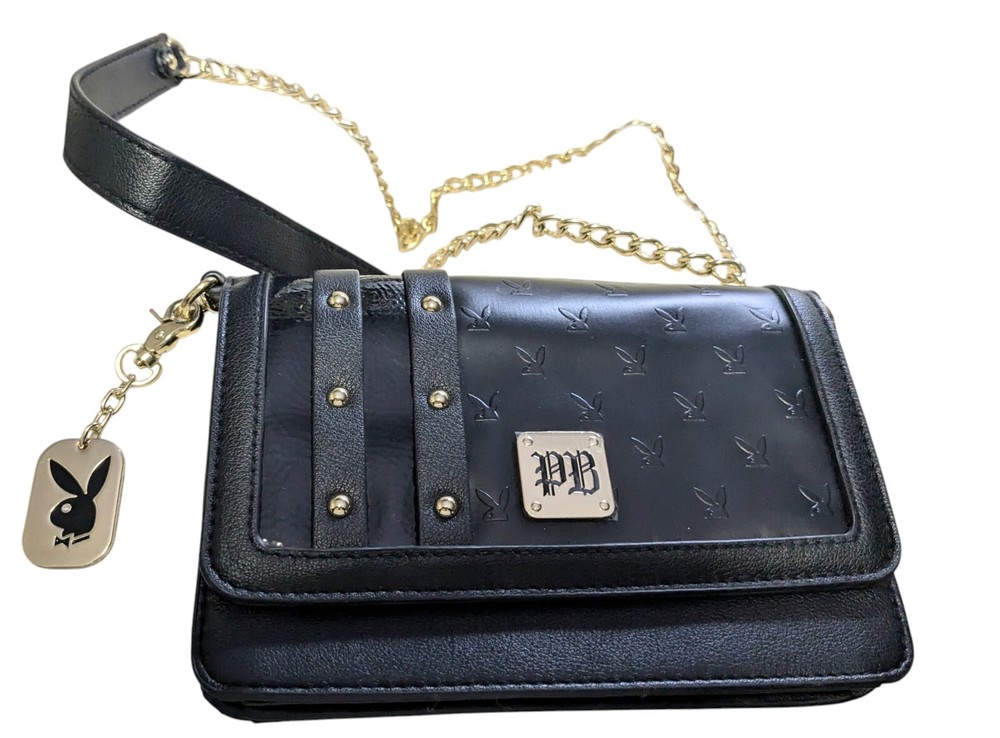 Playboy studded black gold clutch with bunny logo and chain strap