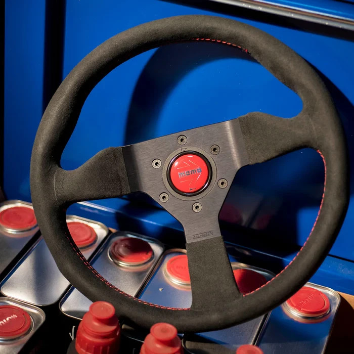 Momo Montecarlo Alcantara Suede Steering Wheel 320mm Red Horn with Red Stitching