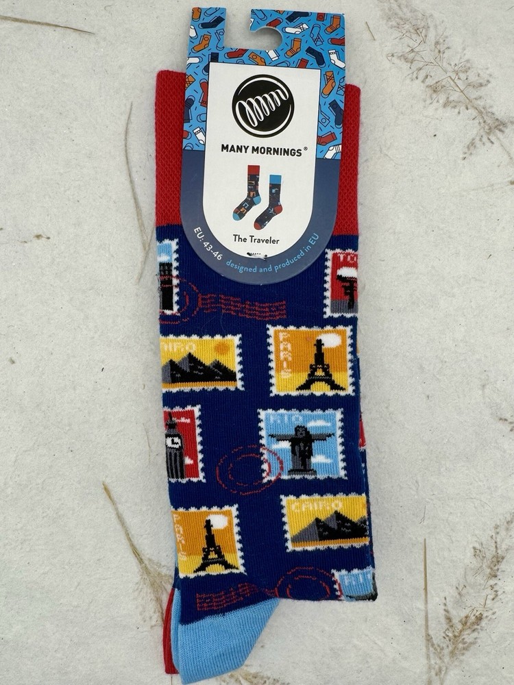 NWT Many Mornings Socks Novelty The Traveler EU 43-46 US Men 9-13 Stamps Travel