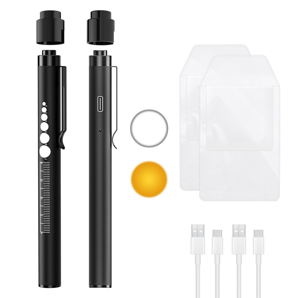 2 Rechargeable Pen Light with Pupil Gauge & 2 Pocket Protectors, LED Penlight...