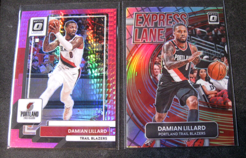 DAMIAN LILLARD 2-Card Lot 2022-23 Donruss Optic Hyper Pink and Exclusive Lane Holo Blazers Basketball Cards