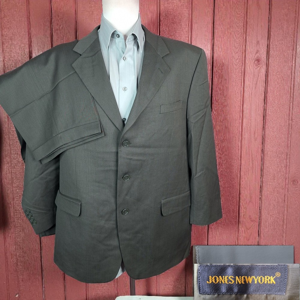 Jones New York 2 Piece Suit Mens 46R 36X28 Olive 3 Button VL Wool