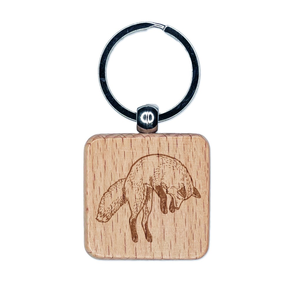 Jumping Leaping Fox Engraved Wood Square Keychain Tag Charm