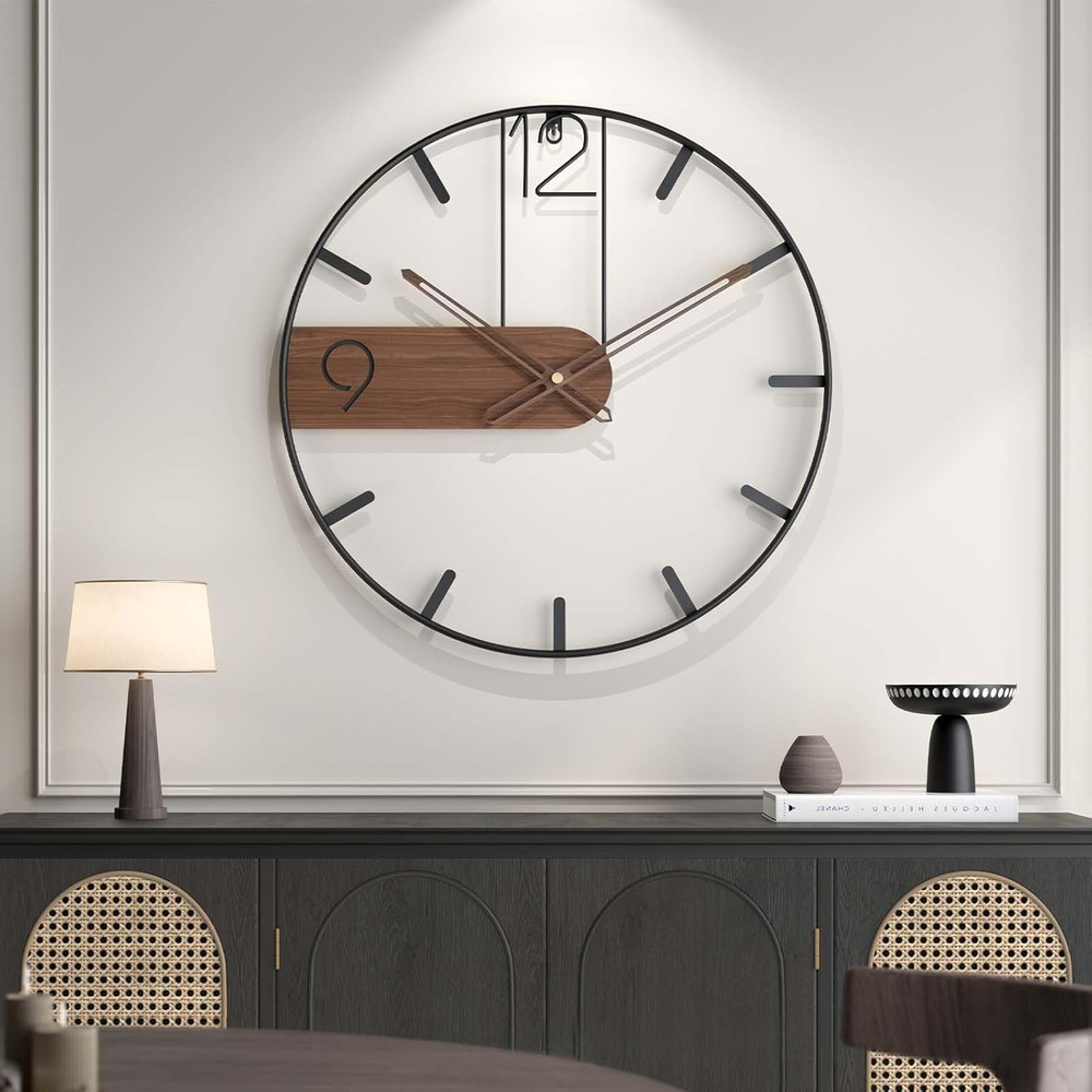30 Inch Large Wall Clock, Modern Wood Metal Frame Silent Non Ticking Battery Ope