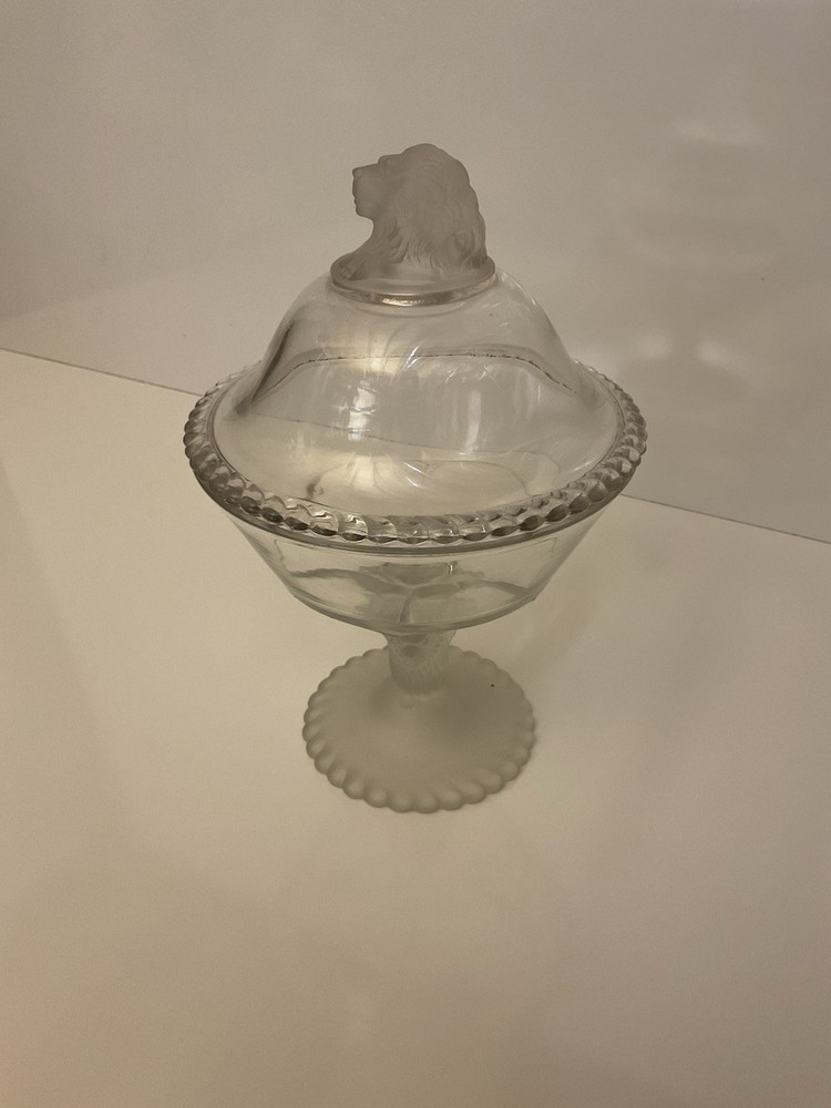 Wright Gillinder EAPG Frosted Lion Covered Pedestal Bowl 13.5 Inch Compote