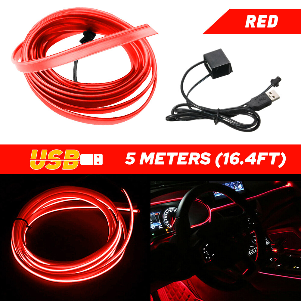 Red LED Car Interior DIY Atmosphere Wire Strip Light Decor Lamp Accessories 5m I