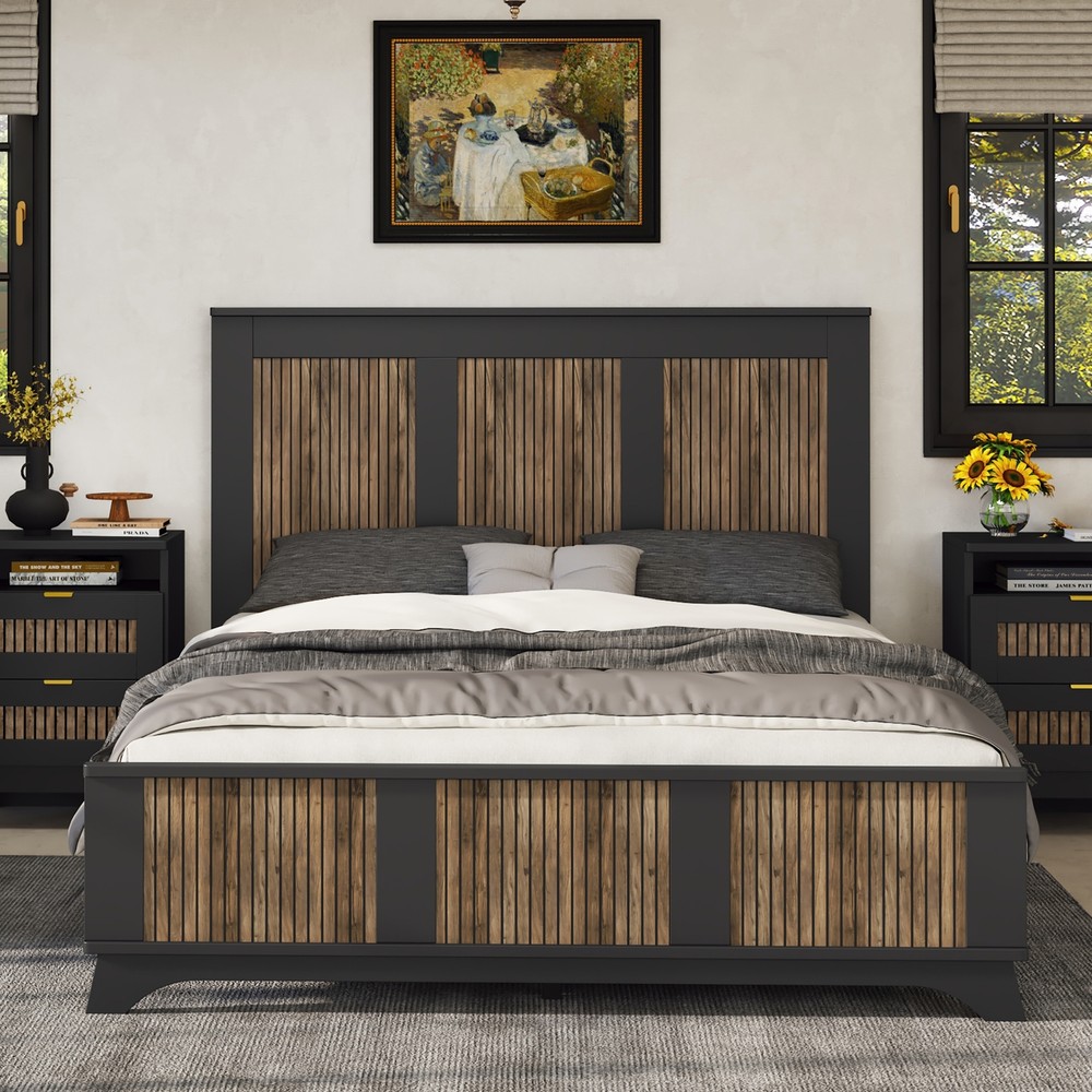 Farmhouse Wooden Platform Queen Size Bed, Modern Platform Bed with Wooden Strip