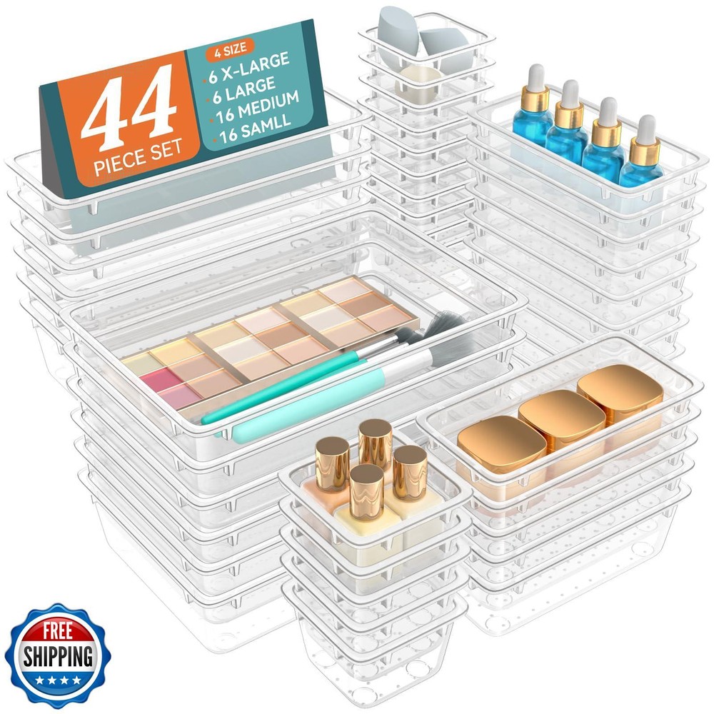 WOWBOX 44-Piece Clear Plastic Drawer Organizer Set in 5 Sizes for Storage