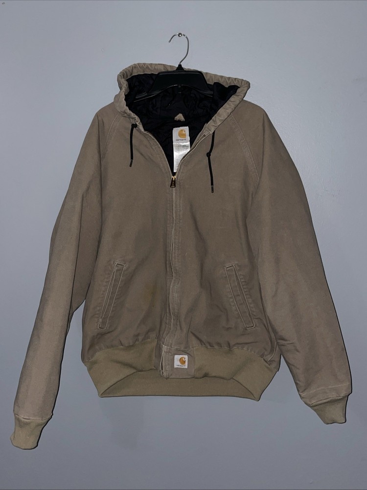 Carhartt Hooded Coat Jacket Men's Large Tan Canvas Zip 14806 STAINED