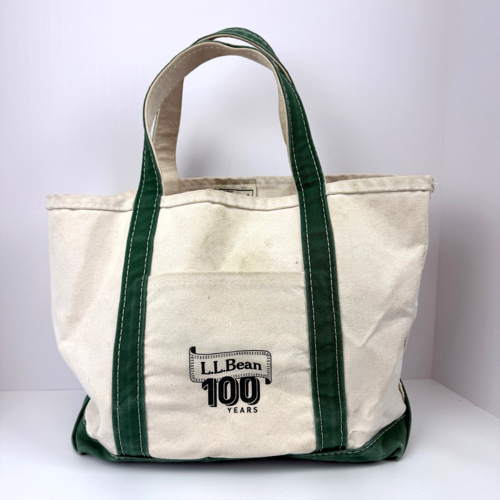 LL Bean 100 Years Anniversary Medium Boat and Tote Bag Green Canvas USA Green