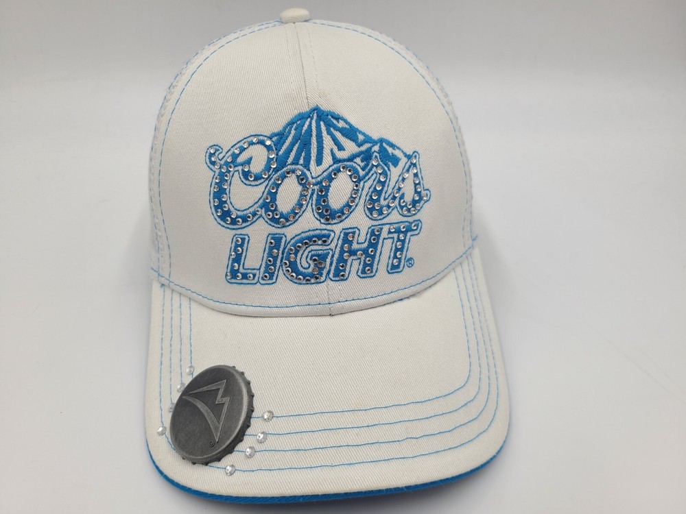 Women Coors Light Bottle Opener Bedazzled Mesh Trucker Snapback Hat Cap White