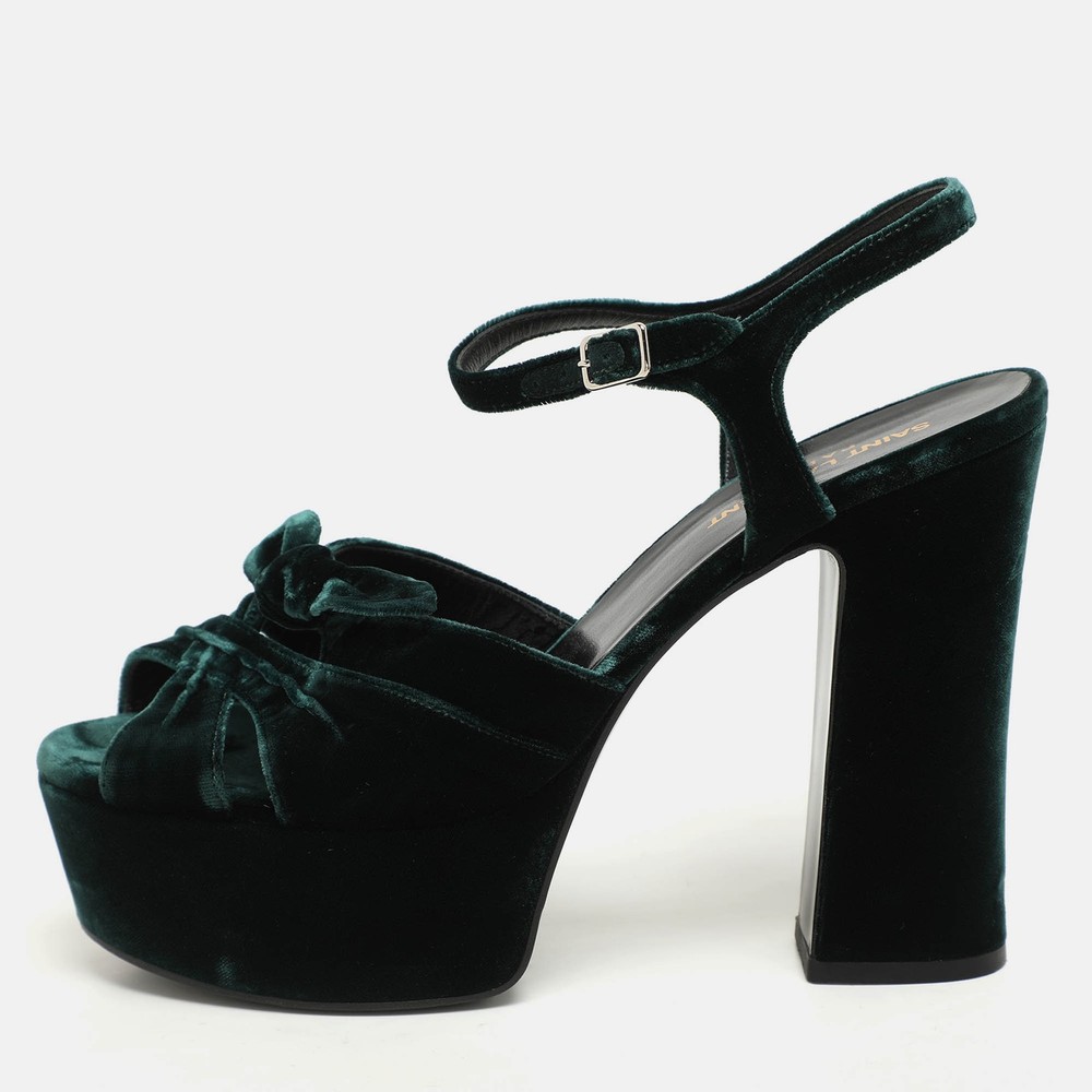 Saint Laurent Green Velvet Candy Bow Platform Sandals Size 39 EU