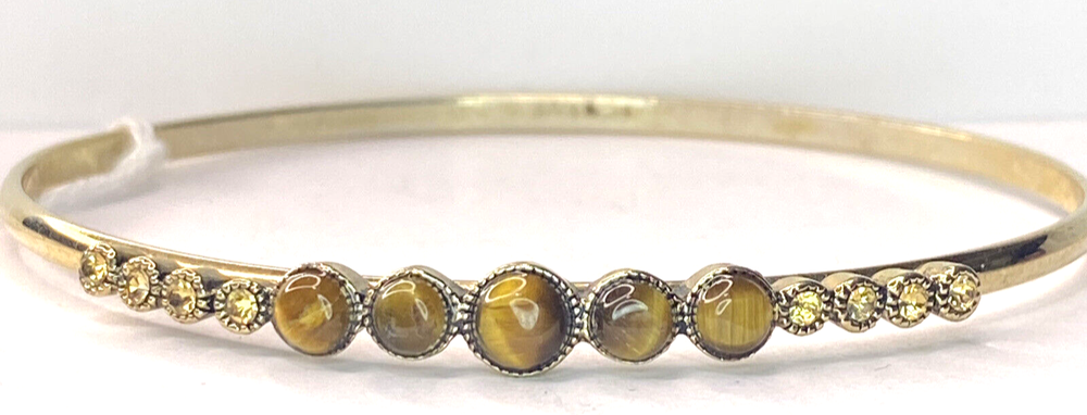 Elegant Tiger's Eye and Citrine Gold-Tone Gemstone Bangle Bracelet