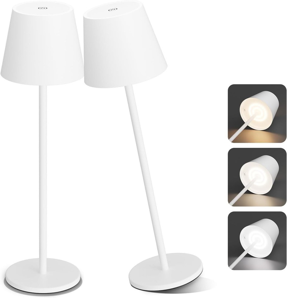 2 Pack White Cordless Table Lamp 6200Mah Battery Powered Table Lamp 3 Color