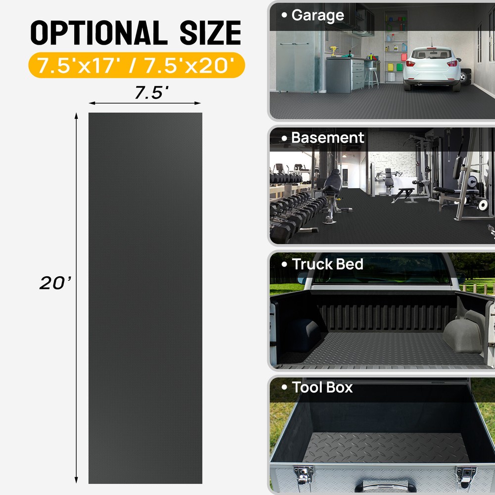 7.5 x 20ft 2mm Garage Floor Mat Garage Flooring Roll Non Slip Waterproof Black