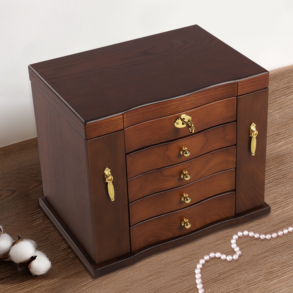 Wooden 5 - Layer Large 4 Drawers Jewelry Box Fit Wowen With Mirror Organizer Box