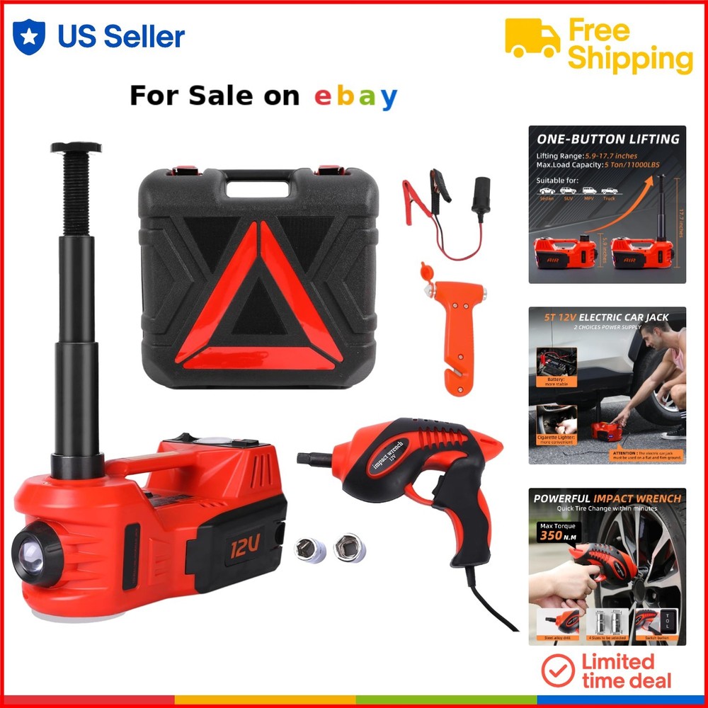 Electric Car Jack Kit 5 Ton 12V Lift Impact Wrench Tire Inflator for SUV Sedan