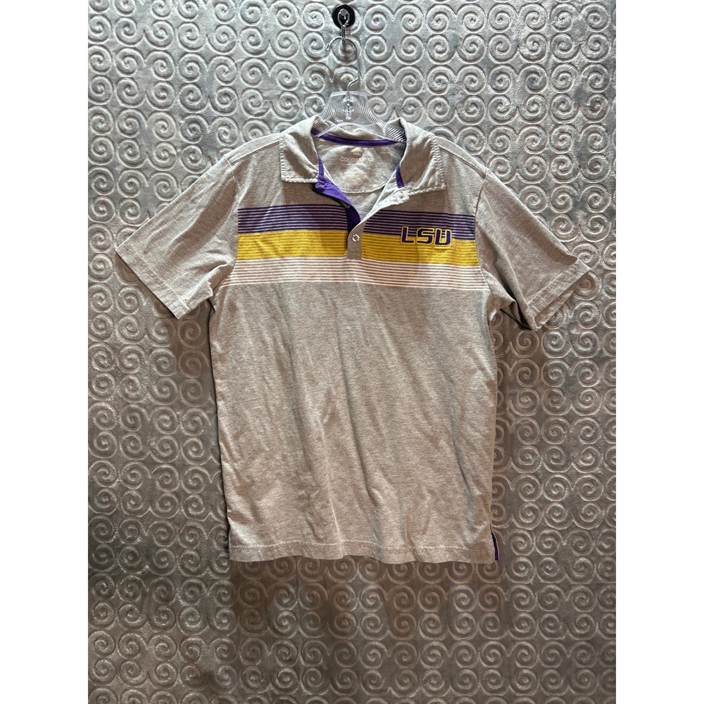 Colosseum LSU Tigers Mens Polo Shirt Gray Purple Yellow Athletic Size M