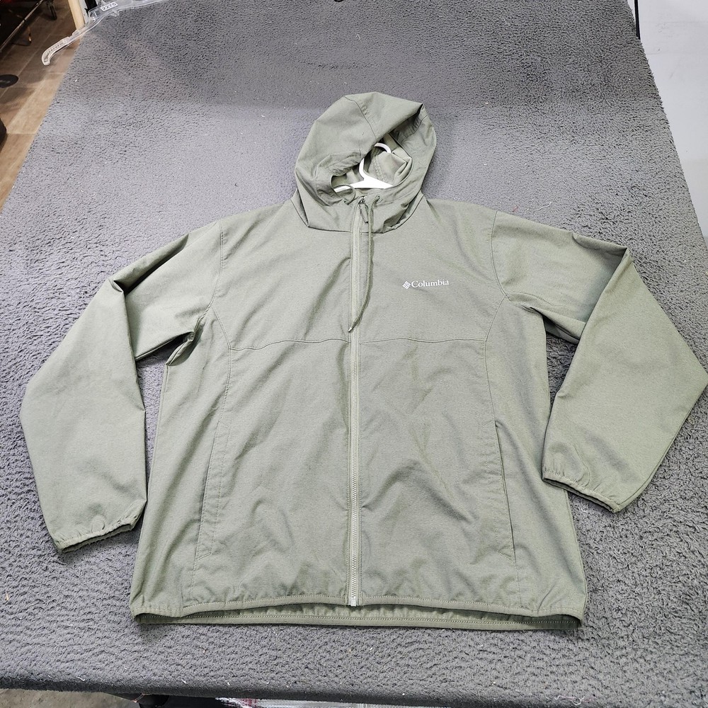 Columbia Jacket Mens Large Green Softshell Hooded Full Zip Pockets Hiking