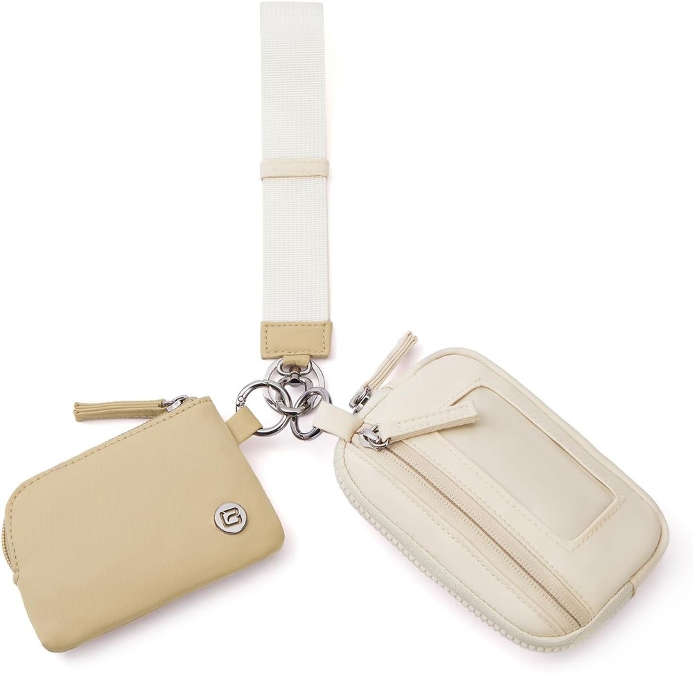 POIUGOYA Nylon Wristlet Wallet with Dual Pouch Keychain in Apricot Khaki