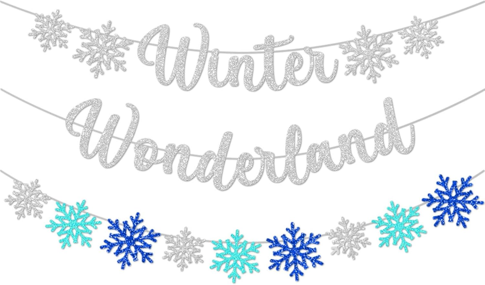 3Pcs Winter Wonderland Banners, Glittery Snowflake Banner Christmas Decorations