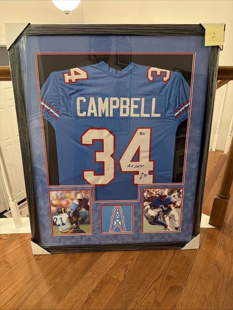 FRAMED Autographed EARL CAMPBELL 35x43 Houston Blue Jersey BAS Auto HOF ‘91