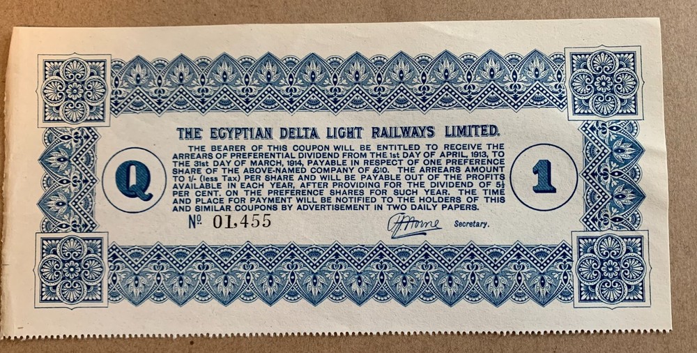 Rare 1914 Egyptian Delta Light Railways Limited Share Coupon Egypt-image