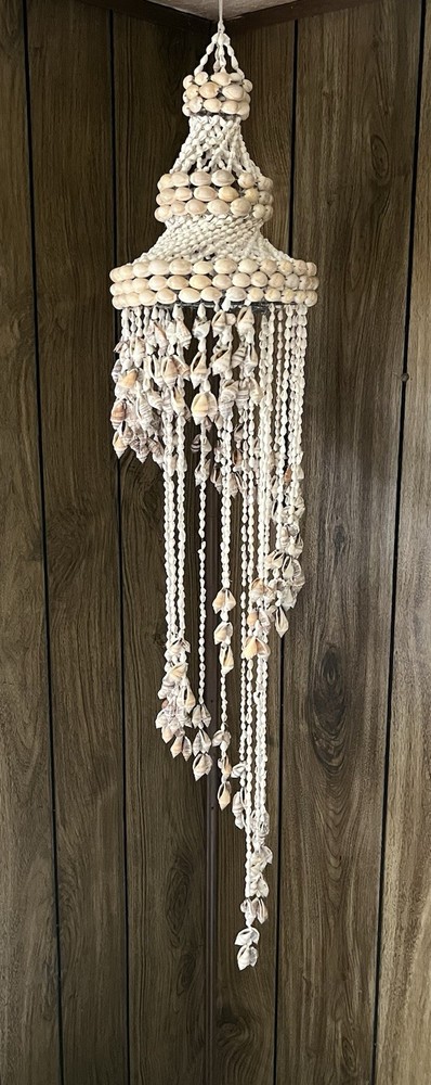 VTG Cowrie Beach Sea Shell Chandelier Spiral Hanging Wind Chime MCM Boho 40”
