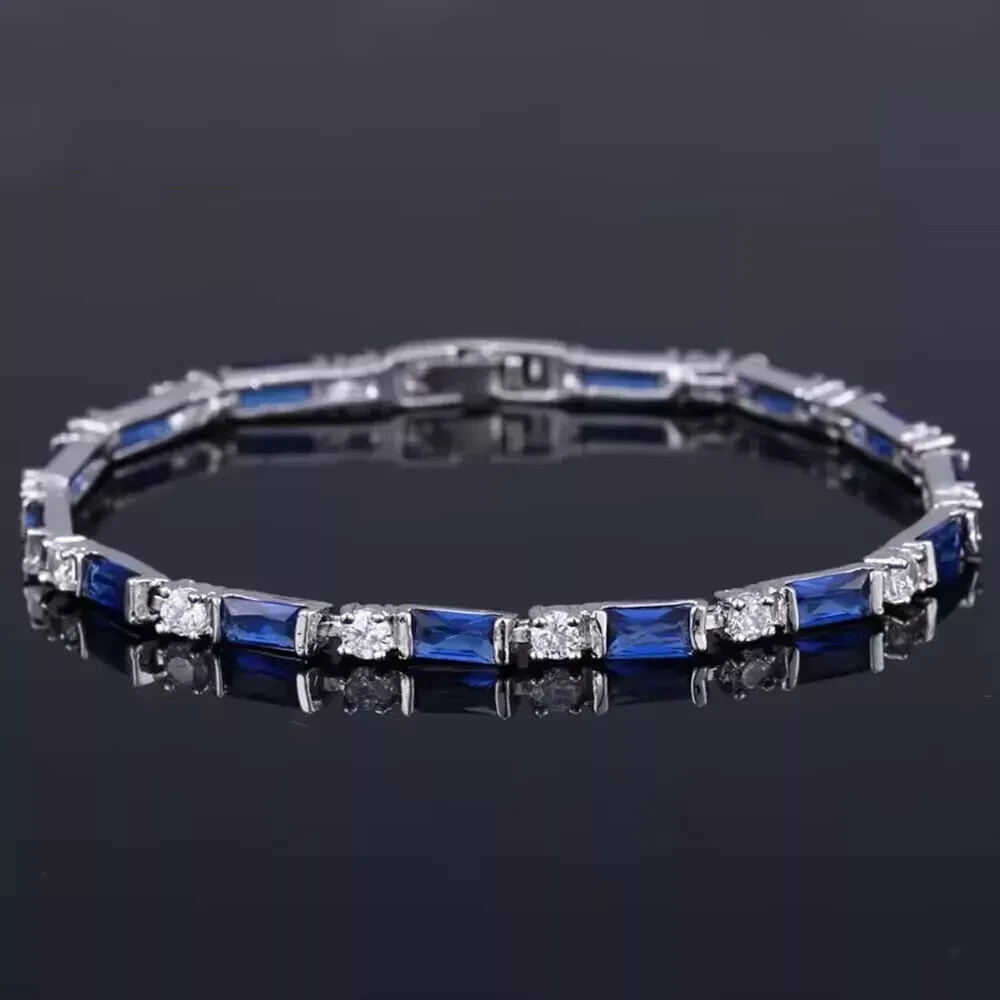 Pretty Womens Lab Created Blue Sapphire Tennis Bracelet 14k White Gold Plated 7