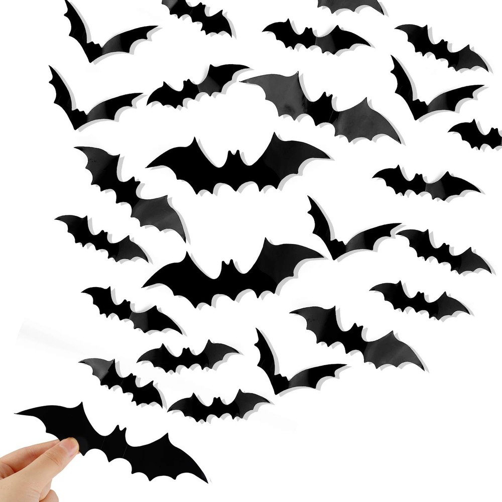 Bobobag 120 Pcs 3D Bats Halloween Decorations,Halloween Wall Decor 4 Sizes Black