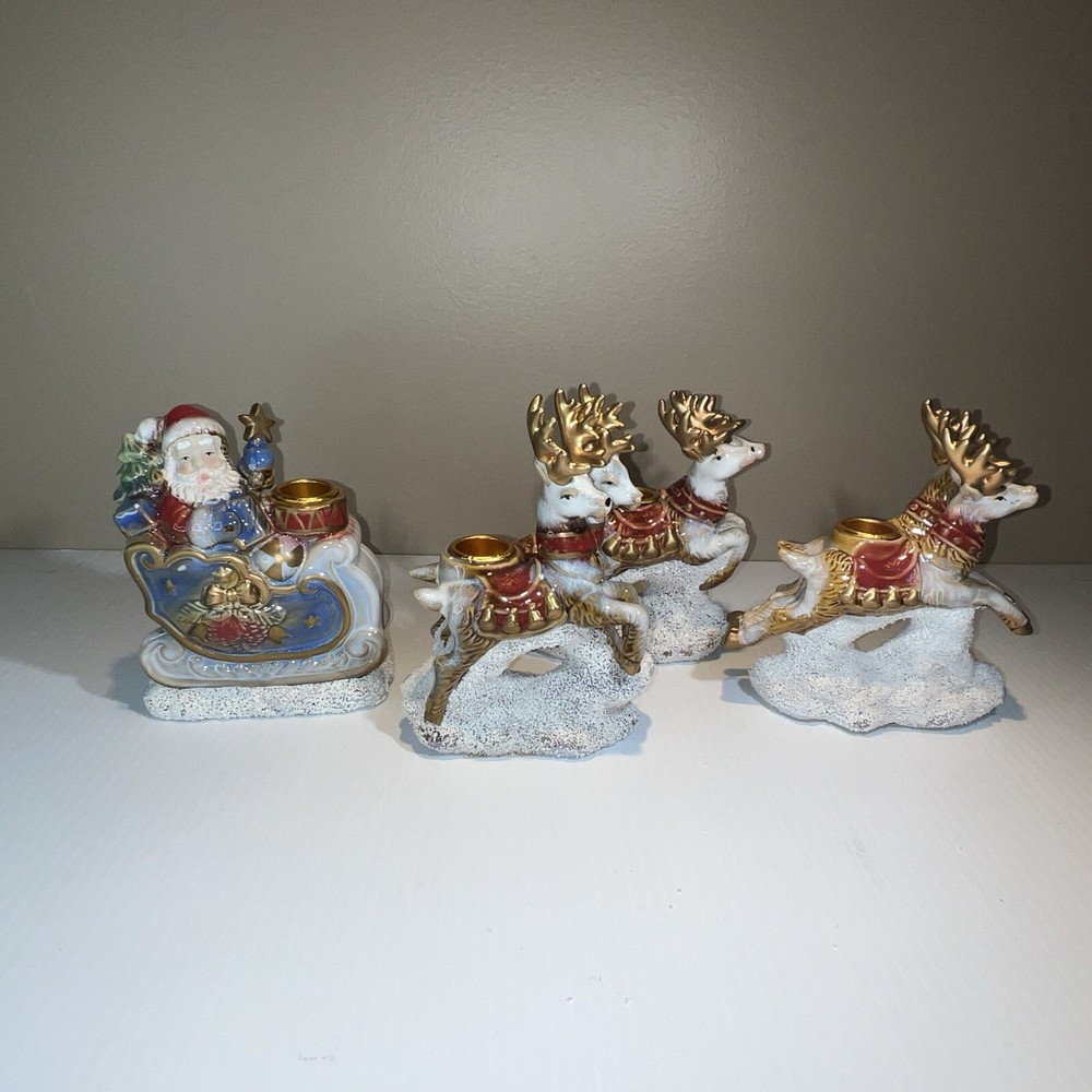 Seasonal Elements 4 Piece Santa With Reindeer Taper Candle Holder W/Box-image