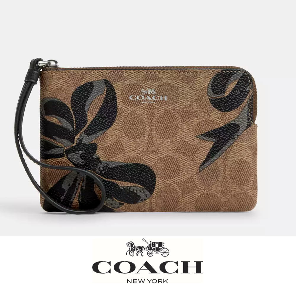 NWT Coach Corner Zip Wristlet in Signature Canvas with Bow Print CZ440 New Gift