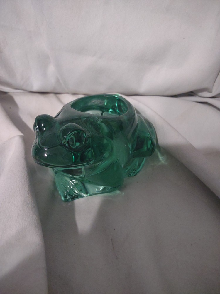 Vintage Indiana Glass Frog Candle Holder Green Paperweight 5x3 Inch
