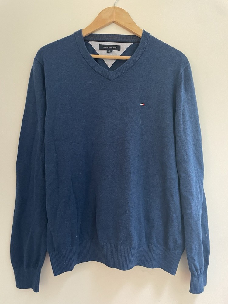 Tommy Hilfiger Mens Solid Blue 100% Cotton Rib-Knit V-Neck Long Sleeve Sweater M