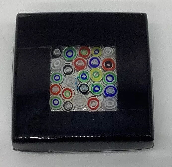 Murano Venezia Italy Millefiori Vetro Artistico Black Square Paperweight 2.5