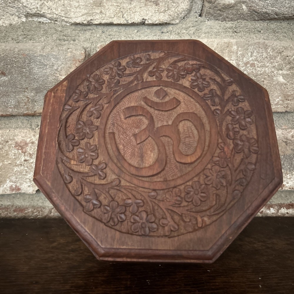 Beautiful Carved Wooden Box with Om Symbol and Lotus Design Decor Storage Box