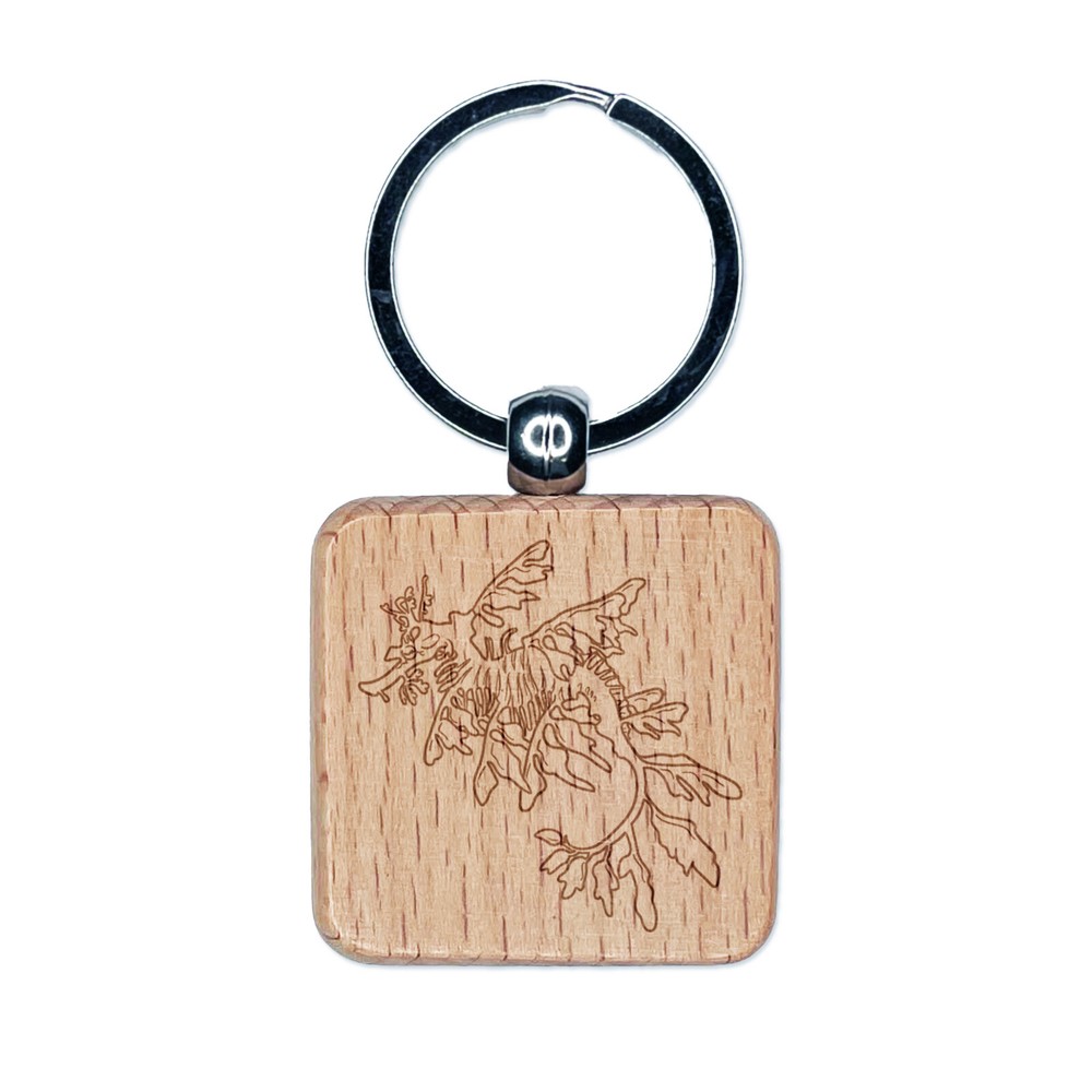 Elegant Leafy Seadragon Seahorse Engraved Wood Square Keychain Tag Charm