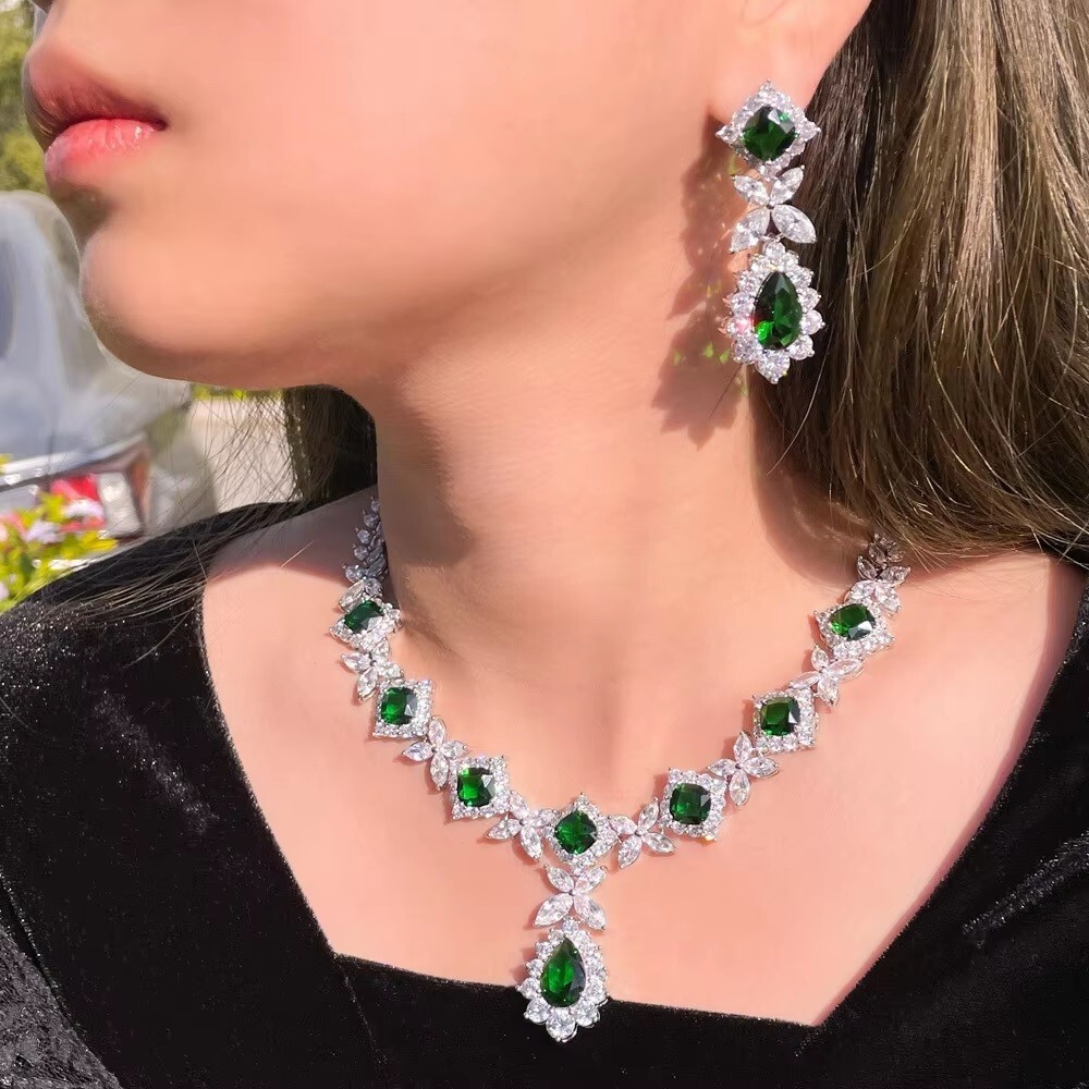 Multi-Shaped Emerald & Diamond 925 Silver Wedding Necklace Earrings Jewelry Sets